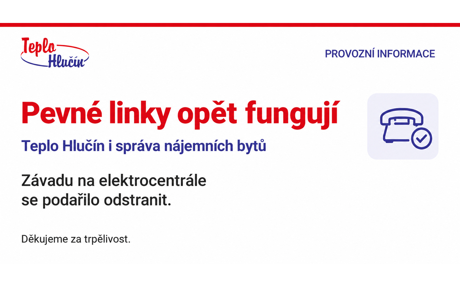 Pevné telefonní linky opět fungují